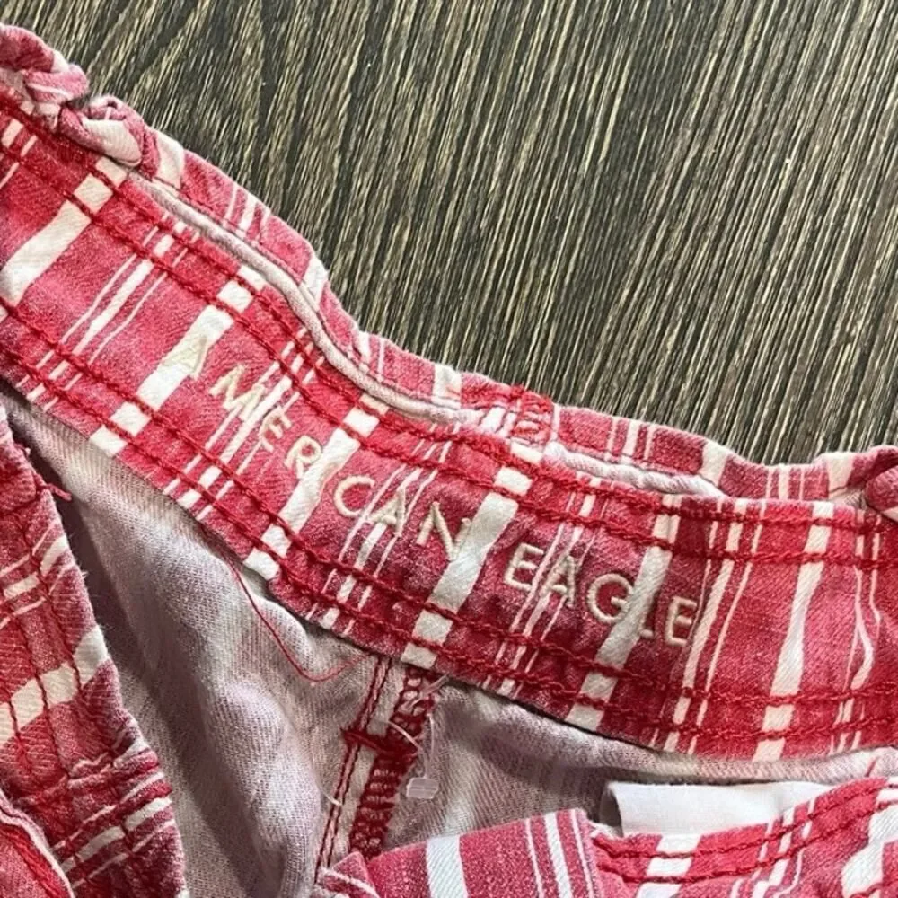 American Eagle Hi-Rise Linen Paperbag Shorts Striped Belted Red White Size 8